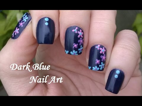 Dark Blue Nails With Flowers Design