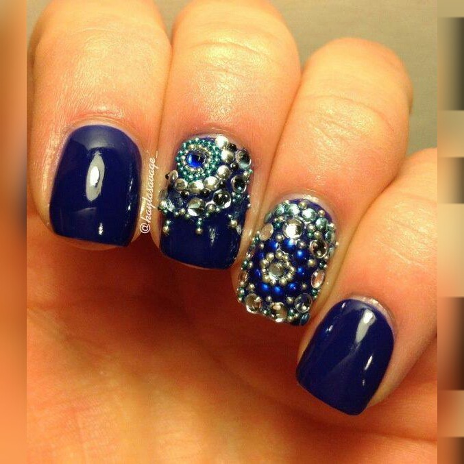 Dark Blue Nails With Rhinestones Design Idea