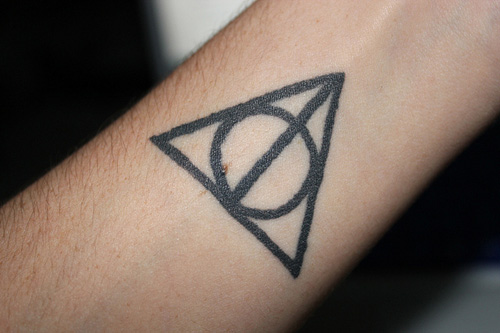 Deathly Hallows Black Tattoo On Forearm
