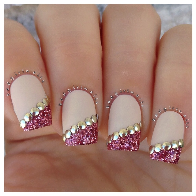 Diagonal Pink Glitter With Gold Caviar Beads Design Nail Art
