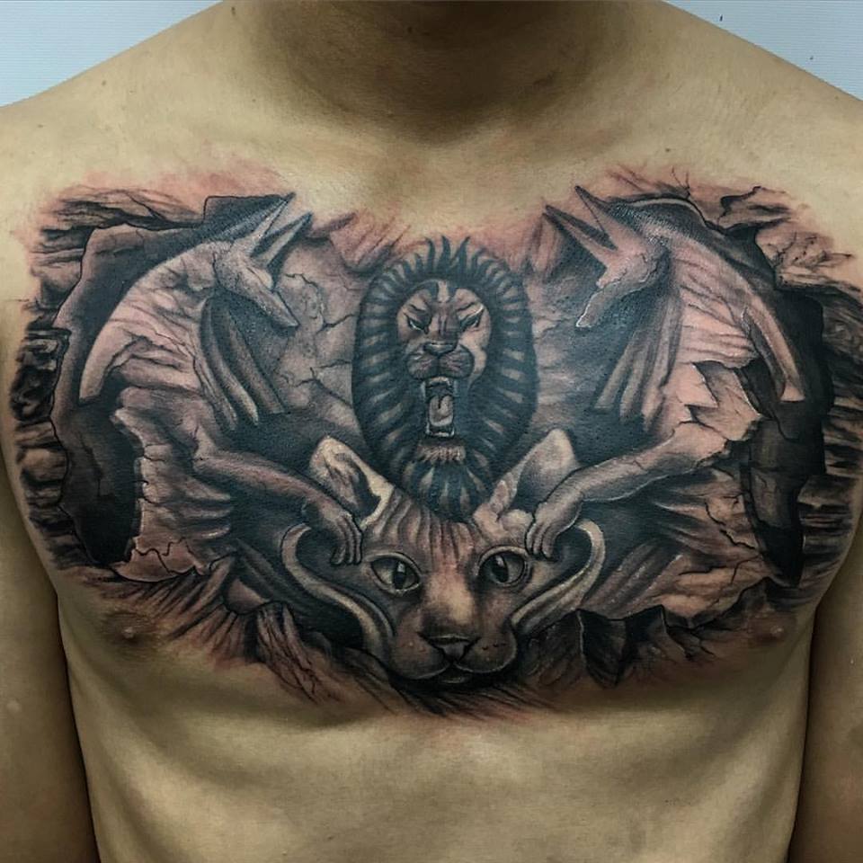Egyptian Tattoo On Man Chest by Luis K. Osorio