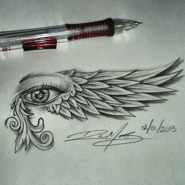 Extremely Beautiful Horus Eye With Wings Tattoo Design