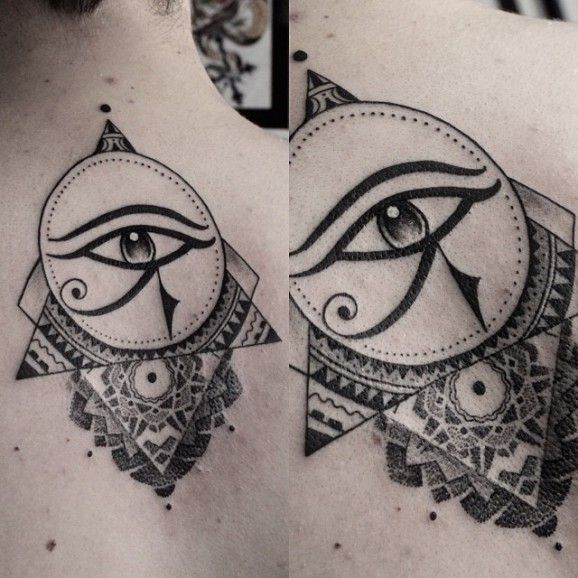 Fancy Horus Eye Tattoo On Upper Back By Dave Domus Santos