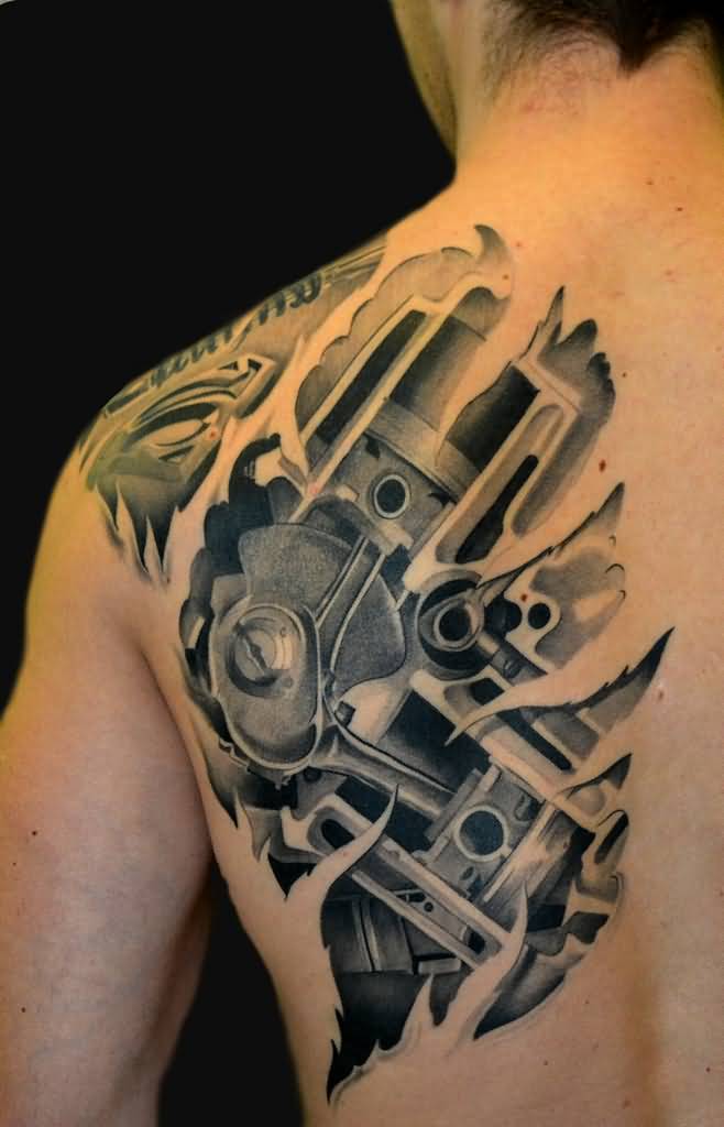 Fantastic 3D Grey Mechanical Engine Tattoo On Back Shoulder