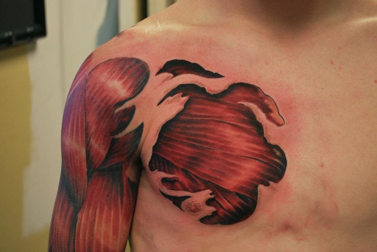 Fantastic 3D Muscles Tattoo On Chest And Shoulder By Chris Lowe