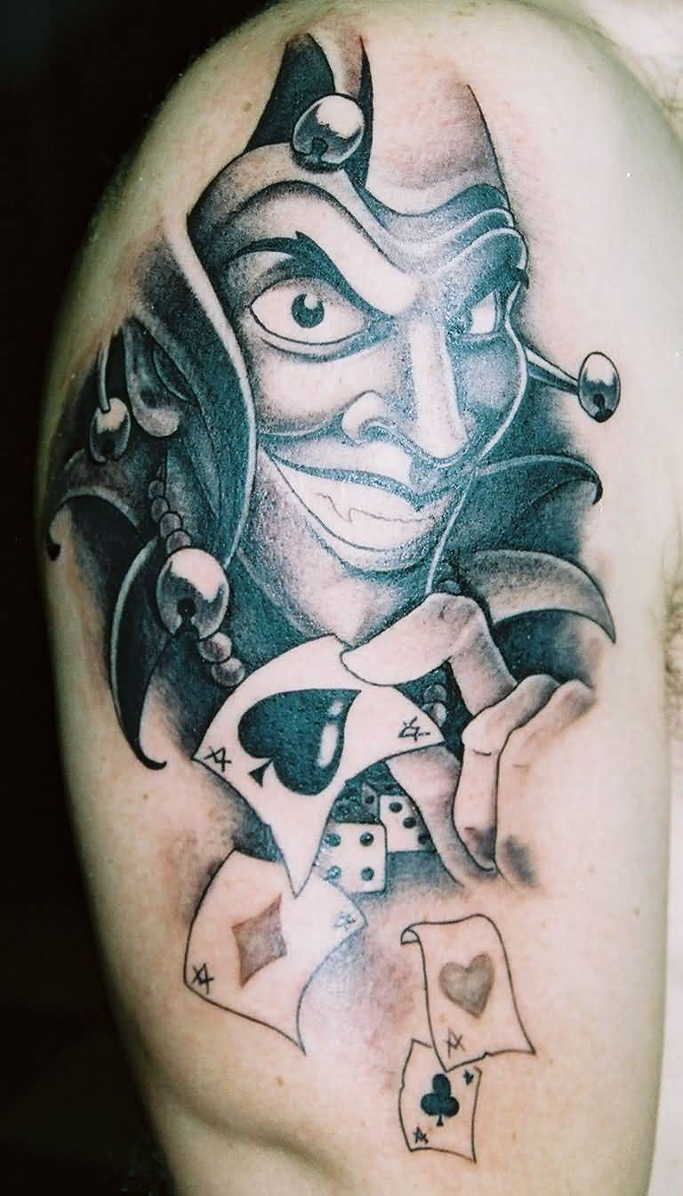 Fantastic Evil Jester With Cards Tattoo On Right Half Sleeve