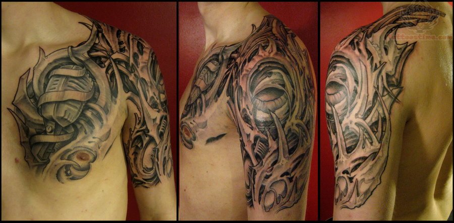 Fantastic Grey Mechanical Left Shoulder And Chest Tattoo