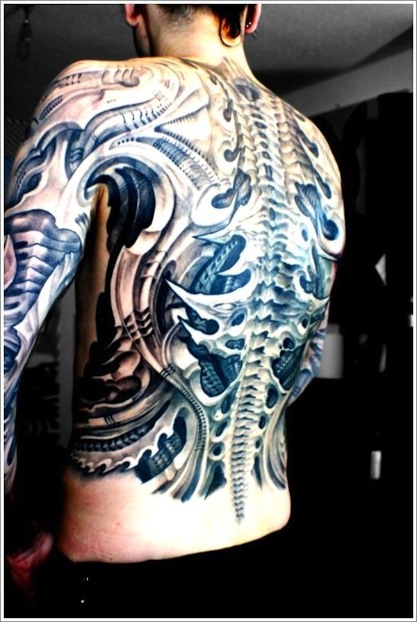 Fantastic Mechanic Spine Chord Tattoo On Full Back