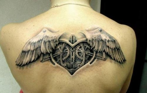 Fantastic Mechanical Steampunk Heart With Wings Tattoo On Upper Back