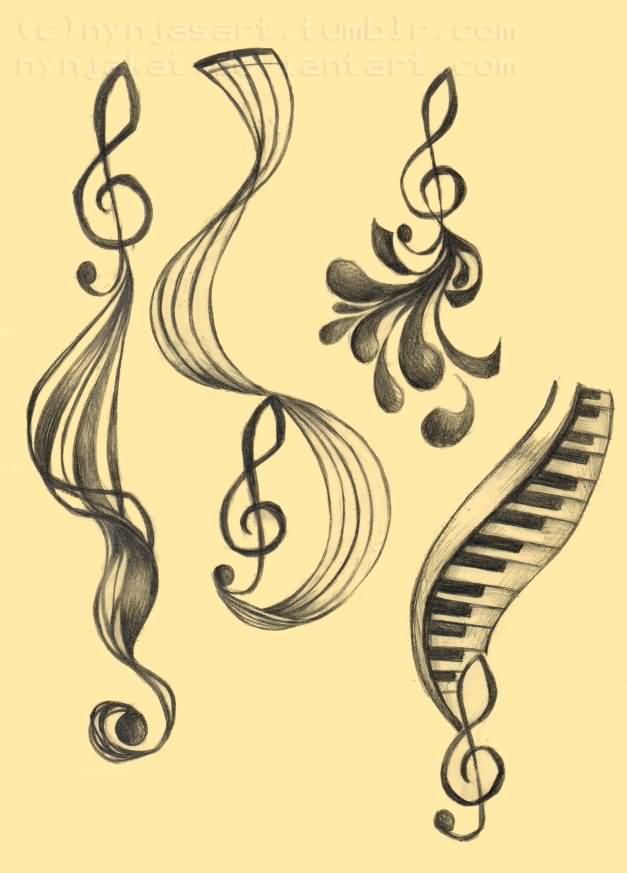 Fantastic Music Notes With Piano Keys Tattoo Stencil