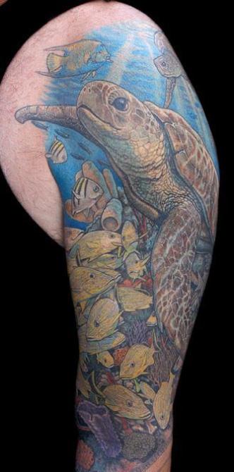 Fantastic Realistic Turtle And Fishes Colorful Tattoo On Left Half Sleeve