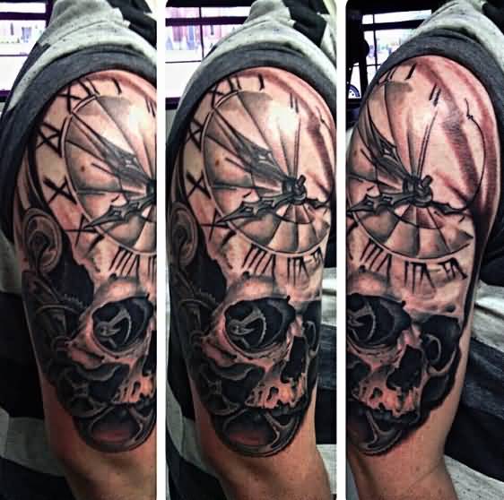 Fantastic Skull And Watch Mechanical Tattoo On Right Shoulder
