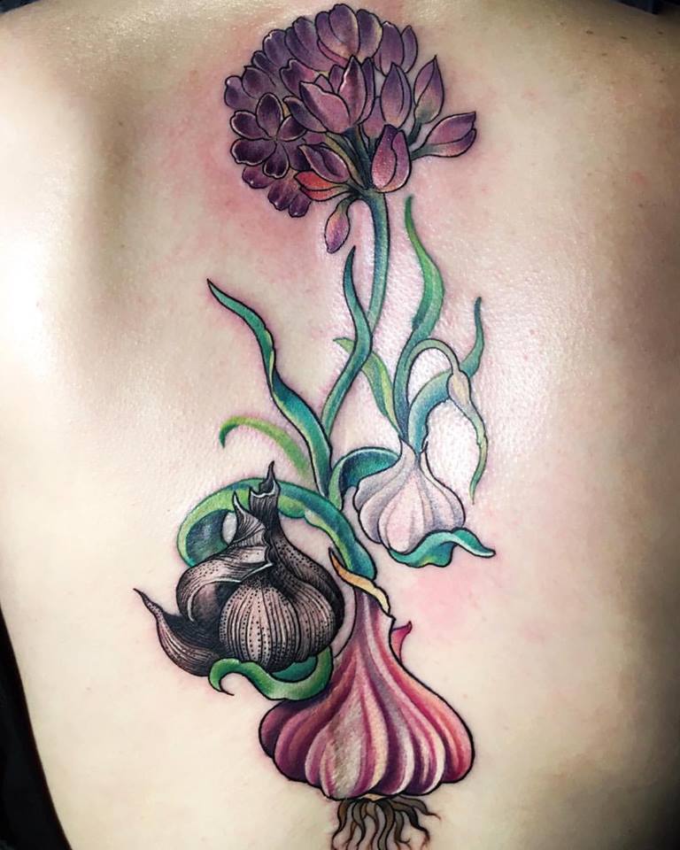 Flower And Garlic Tattoos On Full Back