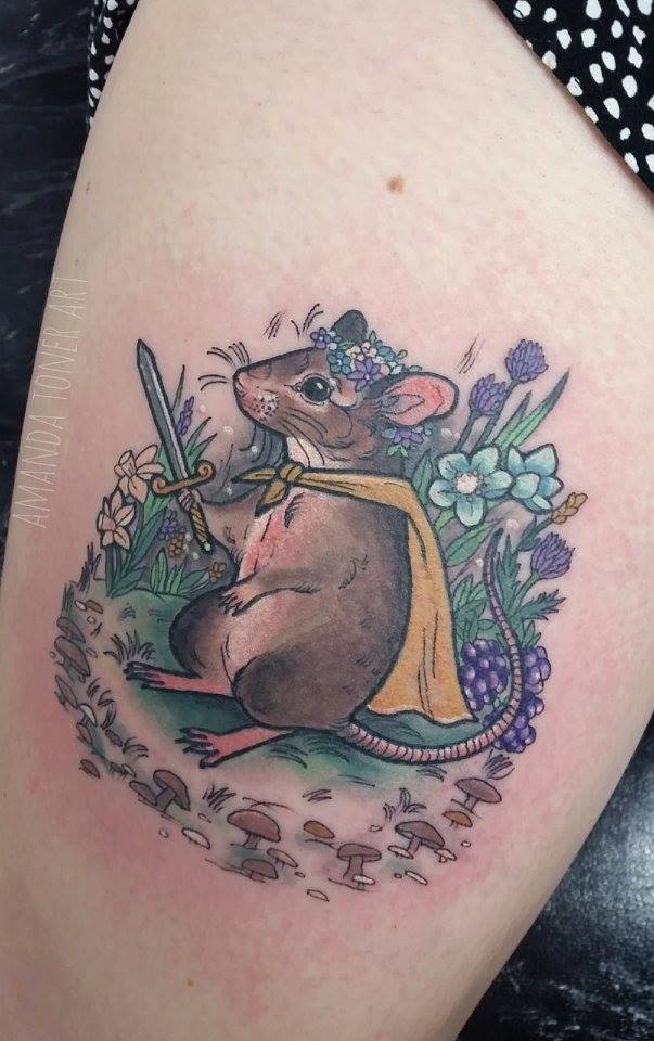Flowers And Rat Tattoo On Thigh by Amanda Toner Art