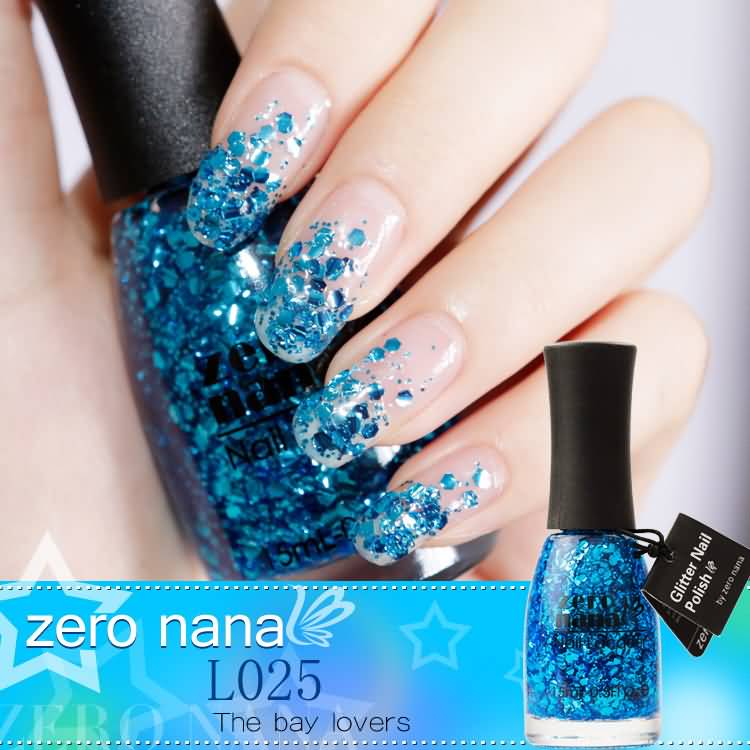 French Tip Blue Glitter Nail Art On Nude Nails
