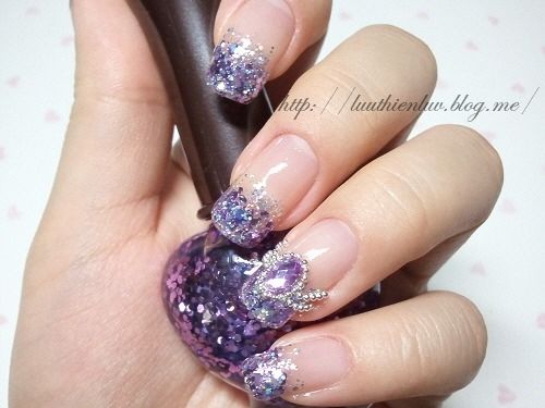 French Tip Purple Glitter Nail Art With Pearls Design