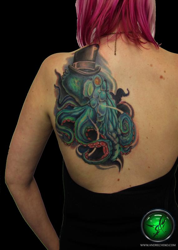 Gentleman Sea Creature Octopus Tattoo On Upper Back