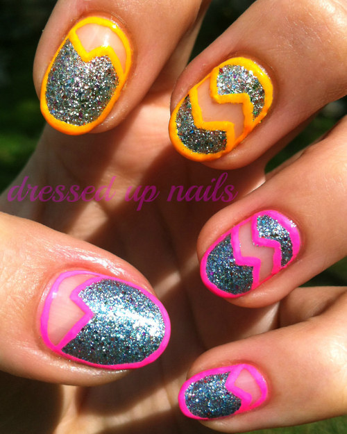 Glitter Nails With Pink And Yellow Design Idea