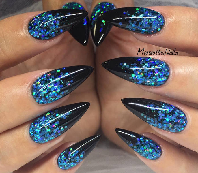Glitter Blue And Black Stiletto Nail Art
