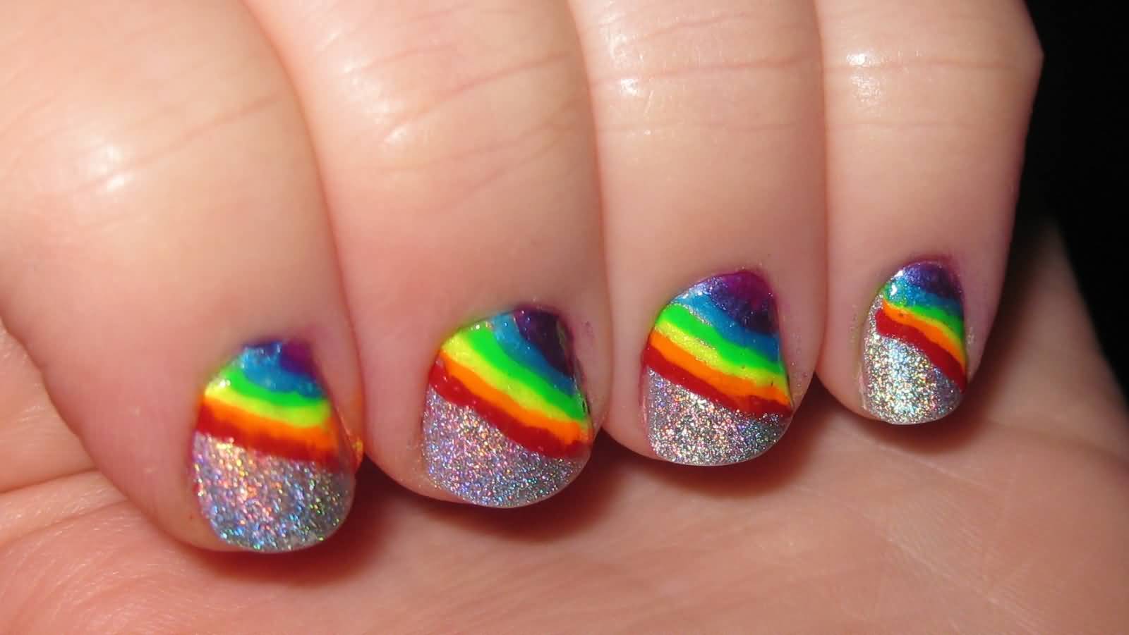 Glitter Holographic With Rainbow Design Nail Art