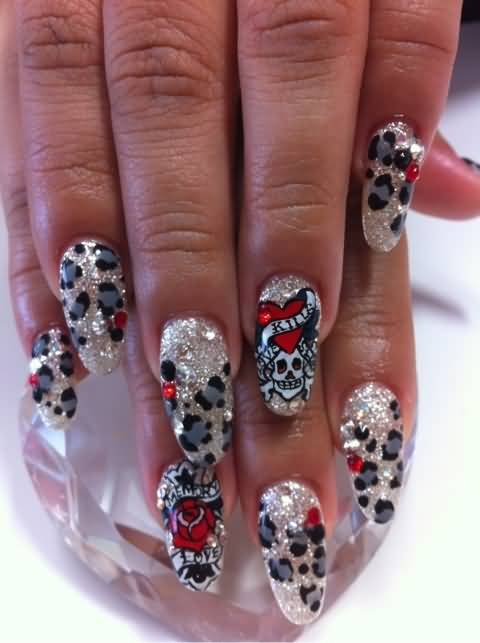 Glitter Leopard Print With Skull And Rose Flower Nail Art