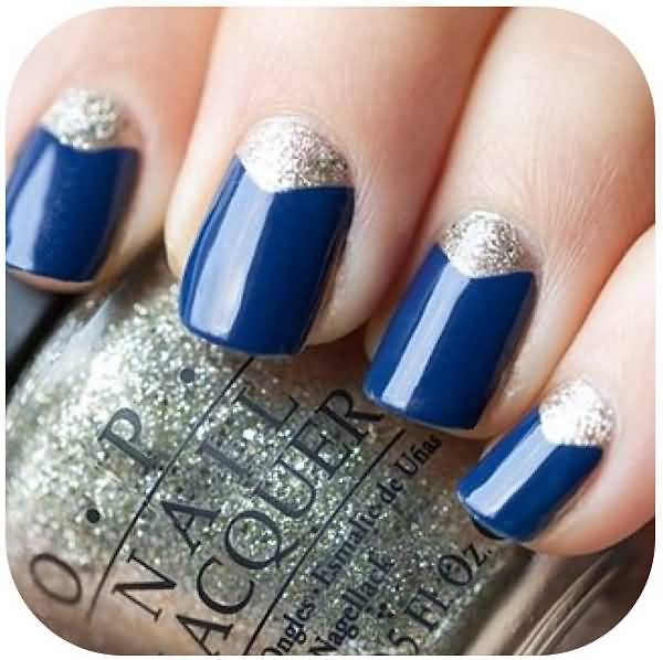 Glossy Blue And Silver Reverse French Tip Nail Art