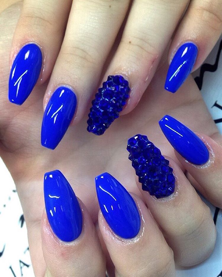 Glossy Blue Nails With Caviar Beads Design Idea