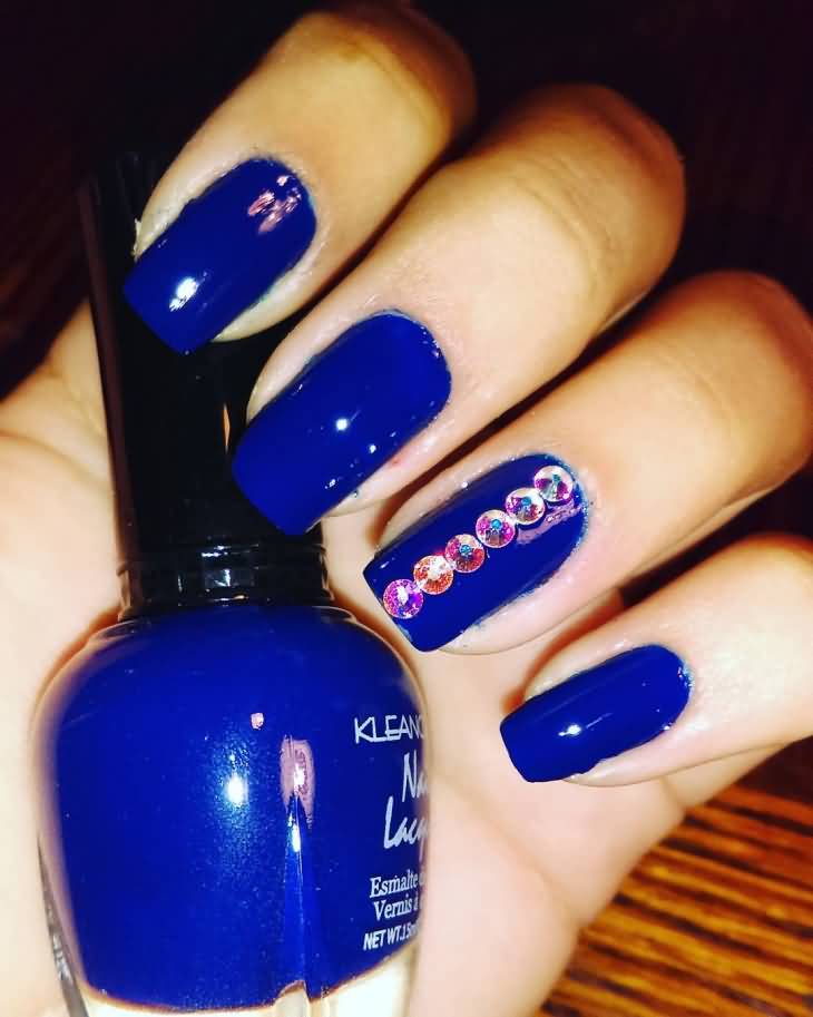 Glossy Blue Nails With Rhinestones Design Idea