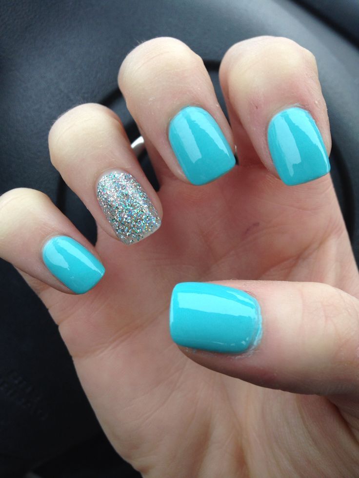 Glossy Light Blue Nails With Accent Glitter Nail Art