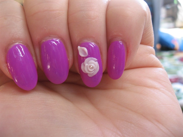Glossy Pink Nails With 3D Rose Flower Nail Art