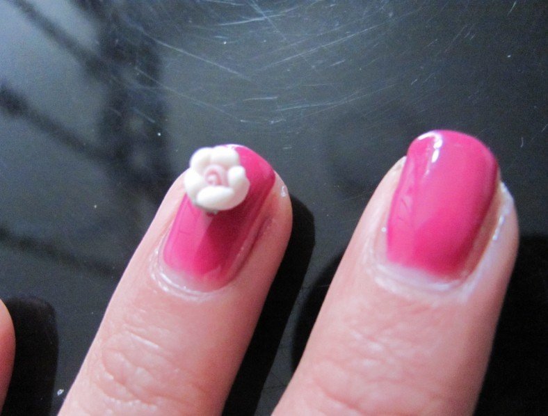 Glossy Pink Nails With White 3D Rose Flower Nail Art