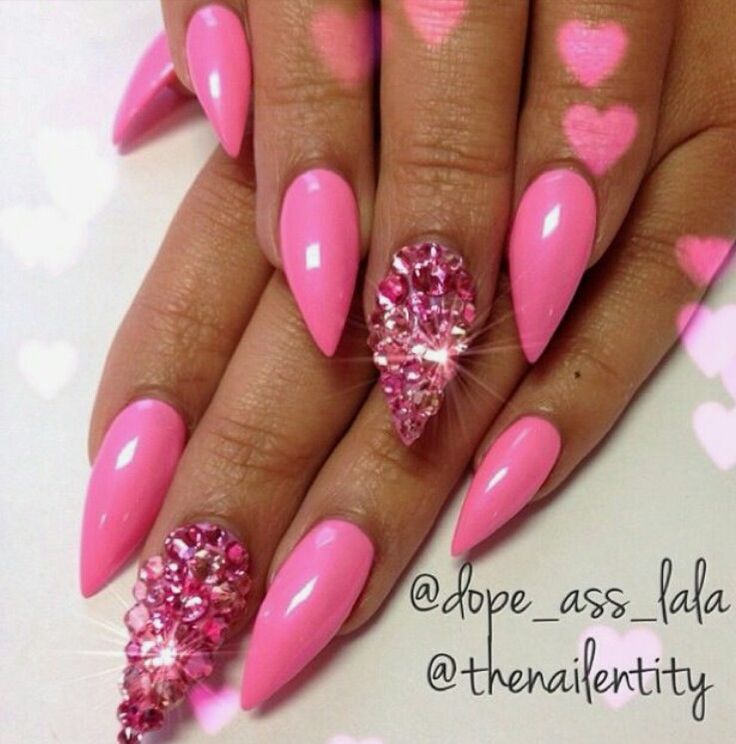 Glossy Pink Stiletto Nail Art With Rhinestones Design Idea