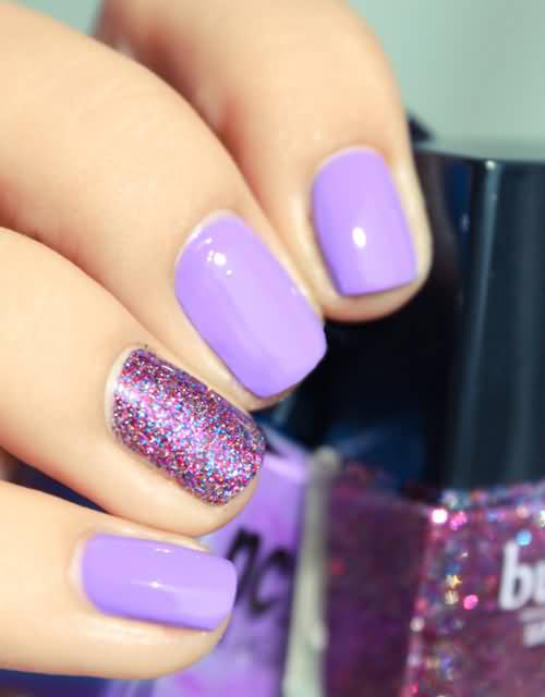Glossy Purple Nails With Accent Colorful Glitter Nail Art
