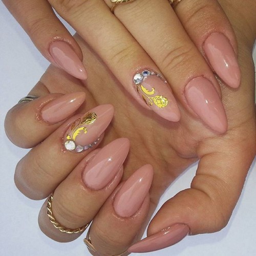 Glossy Stiletto Nail Art With Gold Rose Flower Design