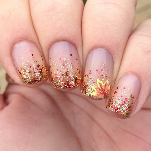 Gold And Red Glitter Nail Art With Maple Leaf Design