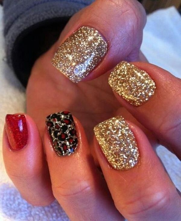 Gold Glitter And Accent Leopard Print Nail Design