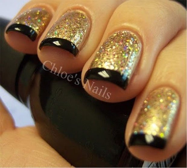 Gold Glitter Nails With Black Glossy Tip Design