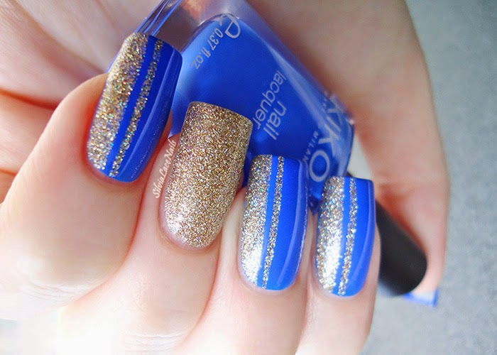 Gold Glitter Nails With Blue Stripes Design Nail Art