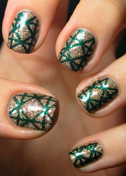 Gold Glitter Nails With Green Stripes Design Nail Art