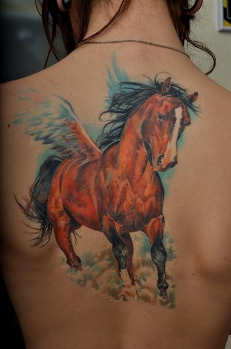Great Beautiful Pegasus Tattoo On Upper Back