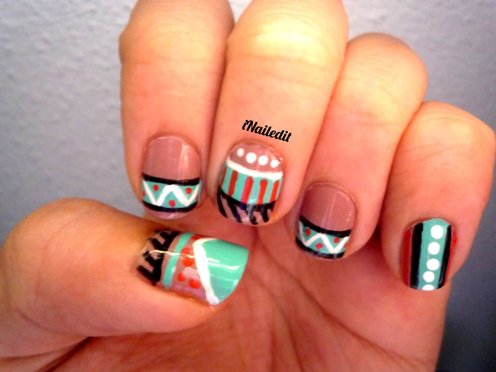 Green And Red Tribal Nail Art Design