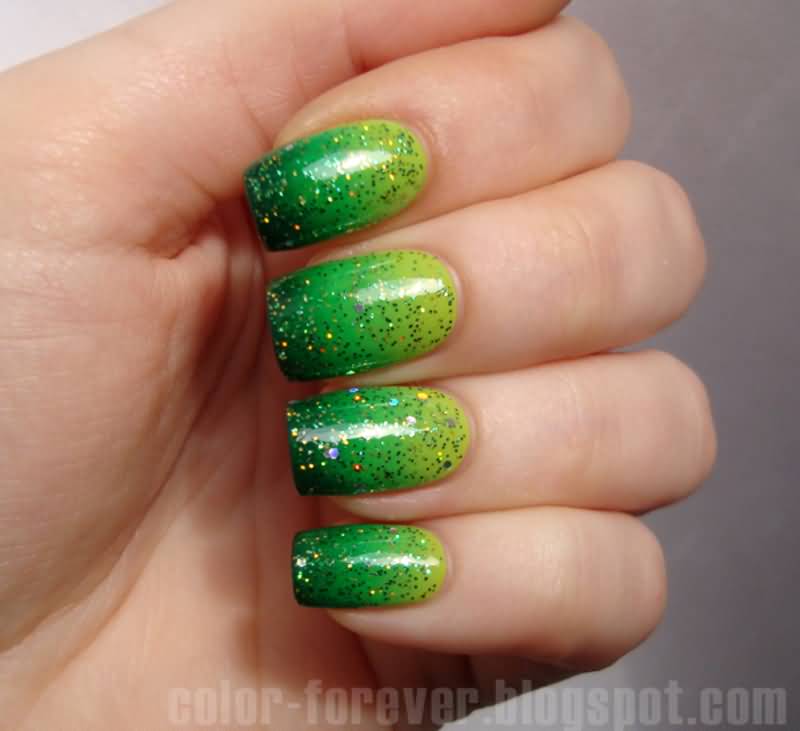 Green And Yellow Gradient Glitter Nail Art