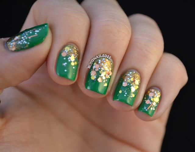 Green Nails With Gold Glitter Nail Art Design