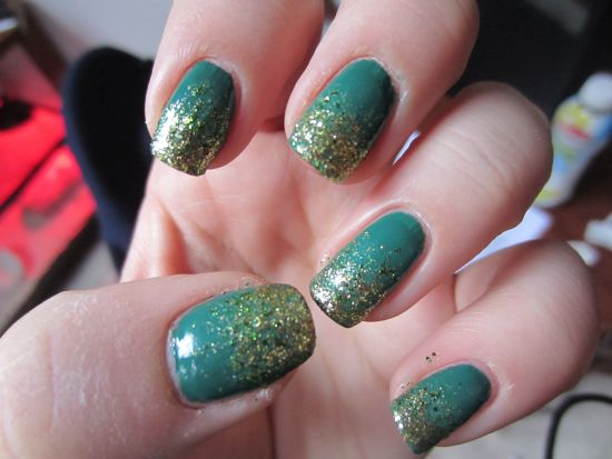 Green Nails With Gold Glitter Nail Design