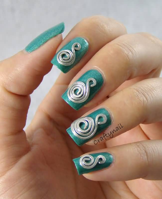Green Nails With Silver 3D Spiral Design Nail Art
