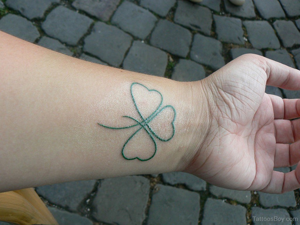 Green Shamrock Leaf Outline Tattoo On Wrist