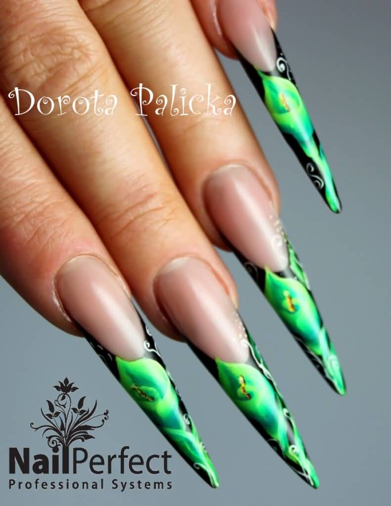 Green Super Long Stiletto Nail Art Design
