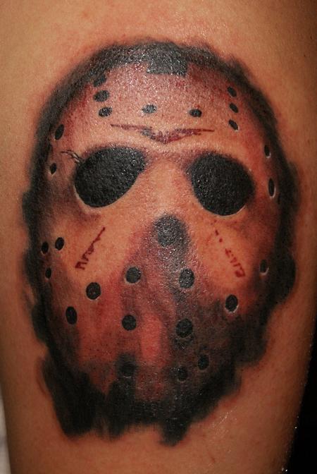 Grey And Black Jason Mask Tattoo