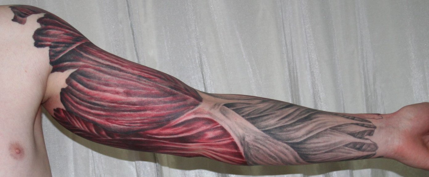 Grey And Red Muscles Full Sleeve Tattoo