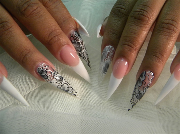 Grey And White Floral Stiletto Nail Art Design Idea